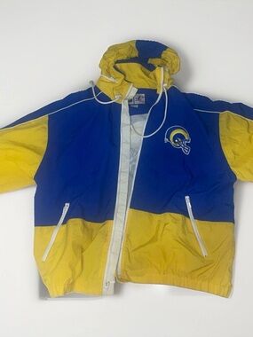 Vintage Logo Athletic Los Angeles Rams NFL Hooded Windbreaker Jacket Blue Yellow